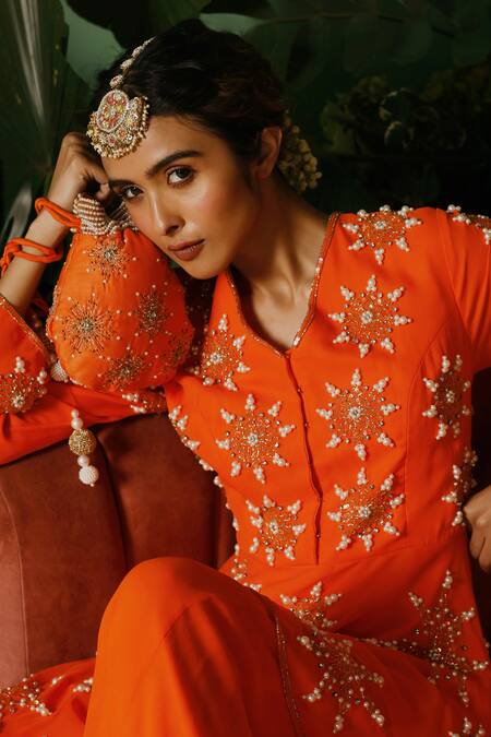 Shop_Midushi Bajoria_Orange Georgette Cut Work, Sequins, Pearls Hand Embellished Peplum Kurta Set _Online_at_Aza_Fashions