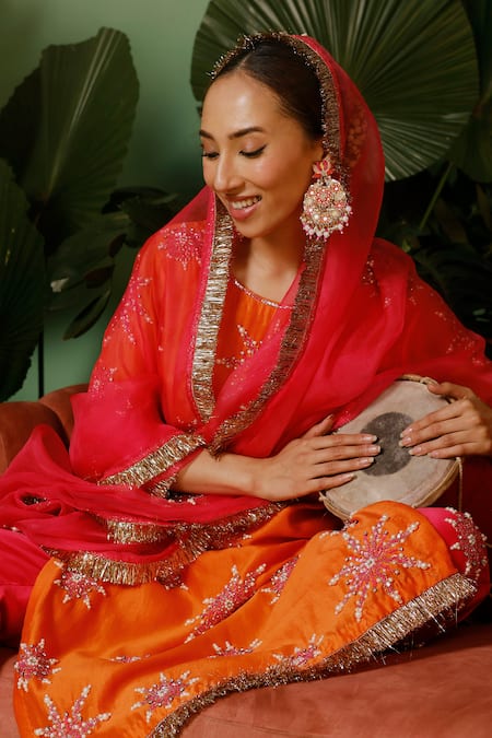 Midushi Bajoria_Orange Silk, Organza, Cotton, Chanderi Sequins, Pearls, Cut Hand Kurta Pant Set _Online_at_Aza_Fashions