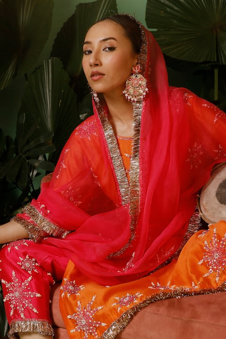 Buy_Midushi Bajoria_Orange Silk, Organza, Cotton, Chanderi Sequins, Pearls, Cut Hand Kurta Pant Set _Online_at_Aza_Fashions