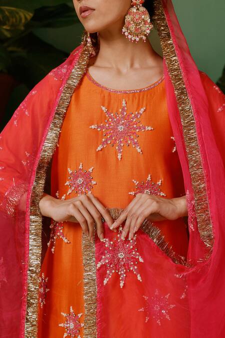 Midushi Bajoria_Orange Silk, Organza, Cotton, Chanderi Sequins, Pearls, Cut Hand Kurta Pant Set _at_Aza_Fashions