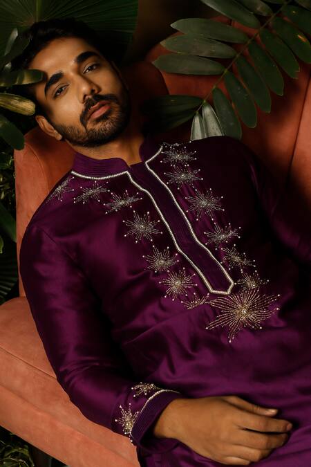 Midushi Bajoria_Purple Silk, Cotton Cut Work, Pearls, Chanderi Embellished Kurta With Churidar _Online_at_Aza_Fashions