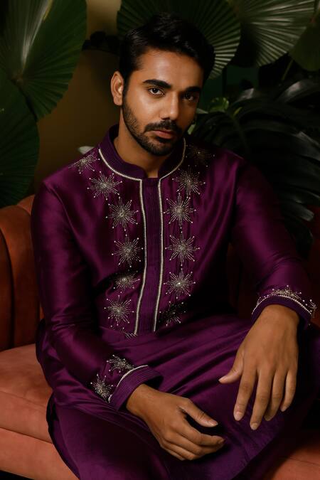 Buy_Midushi Bajoria_Purple Silk, Cotton Cut Work, Pearls, Chanderi Embellished Kurta With Churidar _Online_at_Aza_Fashions