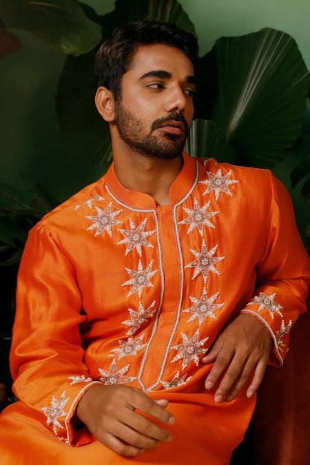 Midushi Bajoria_Orange Silk, Chanderi, Cotton Embroidery Pearl Star Kurta With Pant _Online_at_Aza_Fashions