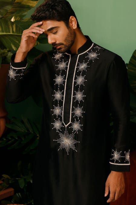 Midushi Bajoria_Black Silk, Chanderi, Cotton Pearls, Starburst Embroidered Kurta With Pant _Online_at_Aza_Fashions