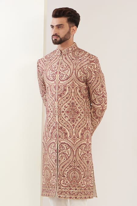 Kasbah_Beige Georgette Sequins Jamawar Embroidered Sherwani_Online_at_Aza_Fashions