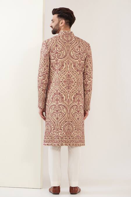 Buy_Kasbah_Beige Georgette Sequins Jamawar Embroidered Sherwani_Online_at_Aza_Fashions