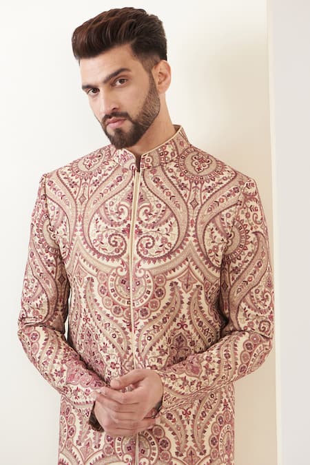 Kasbah_Beige Georgette Sequins Jamawar Embroidered Sherwani_at_Aza_Fashions
