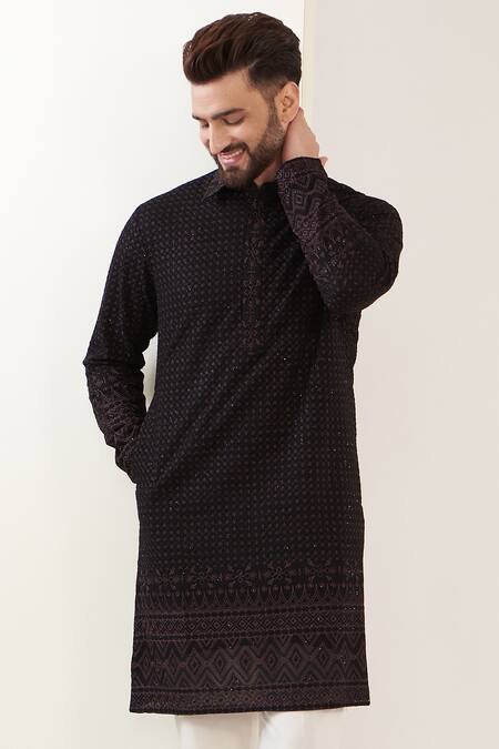 Kasbah_Black Georgette Embroidery Straight Pathani Kurta_Online_at_Aza_Fashions
