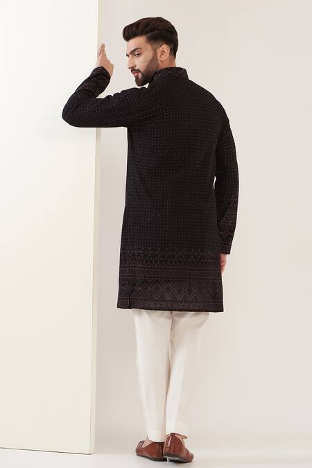 Buy_Kasbah_Black Georgette Embroidery Straight Pathani Kurta_Online_at_Aza_Fashions