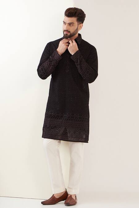 Shop_Kasbah_Black Georgette Embroidery Straight Pathani Kurta_Online_at_Aza_Fashions