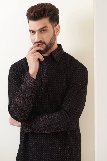Kasbah_Black Georgette Embroidery Straight Pathani Kurta_at_Aza_Fashions