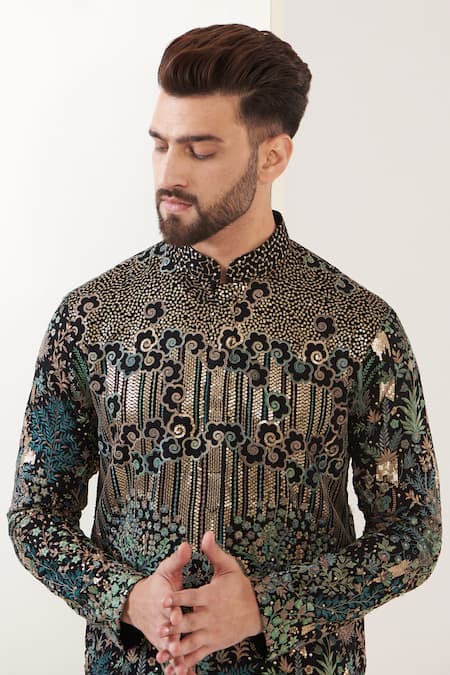 Kasbah_Black Georgette Embroidery Floral Kurta _at_Aza_Fashions