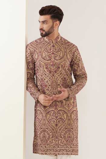 Kasbah_Beige Georgette Sequins Kashmiri Jamavar Embroidered Kurta _Online_at_Aza_Fashions