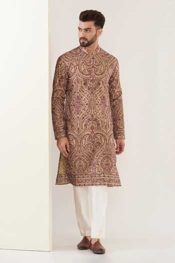 Shop_Kasbah_Beige Georgette Sequins Kashmiri Jamavar Embroidered Kurta _Online_at_Aza_Fashions
