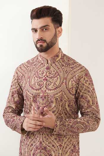 Kasbah_Beige Georgette Sequins Kashmiri Jamavar Embroidered Kurta _at_Aza_Fashions