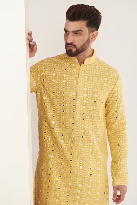 Buy_Kasbah_Yellow Georgette Mirrors Work Embroidered Kurta _Online_at_Aza_Fashions