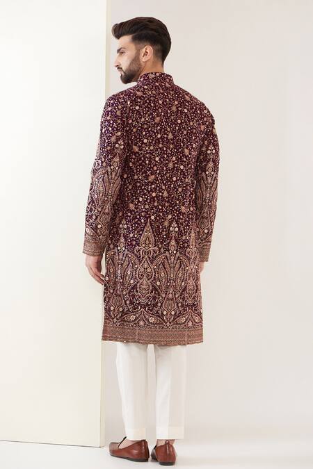 Shop_Kasbah_Maroon Georgette Embroidery Floral Vine Kurta_at_Aza_Fashions