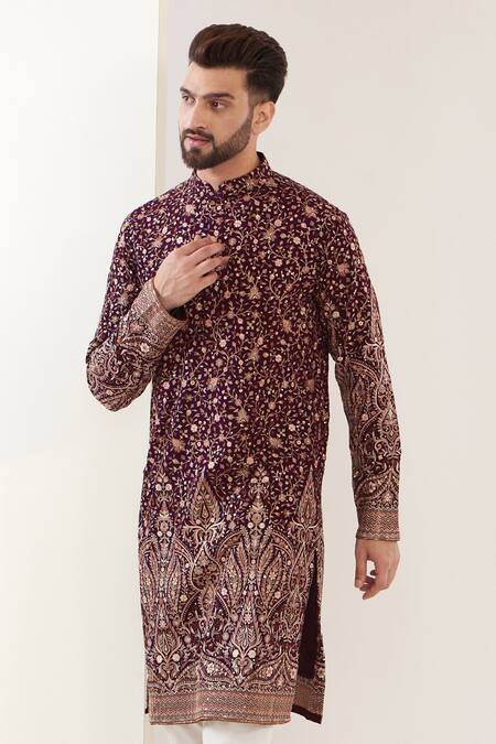 Kasbah_Maroon Georgette Embroidery Floral Vine Kurta_Online_at_Aza_Fashions