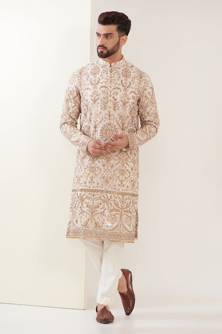 Kasbah White Georgette Embroidered Floral Gota Work Kurta 