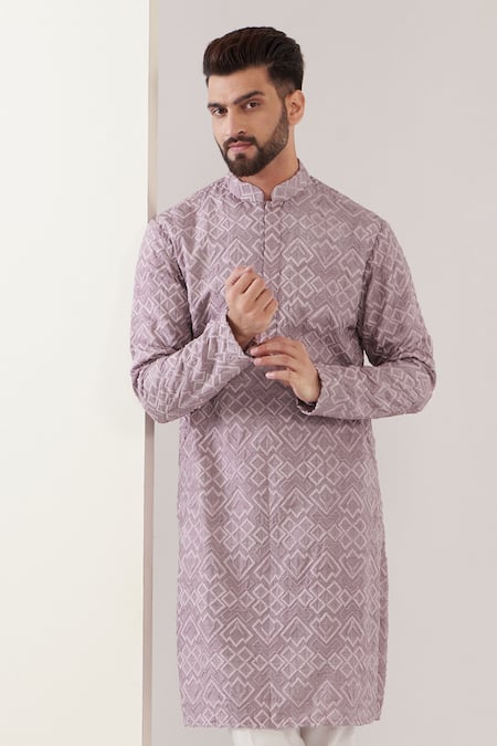 Kasbah Purple Silk Embroidery Geometric Thread Work Kurta Online at Aza Fashions Kasbah_Purple Silk Embroidery Geometric Thread Work Kurta _Online_at_Aza_Fashions