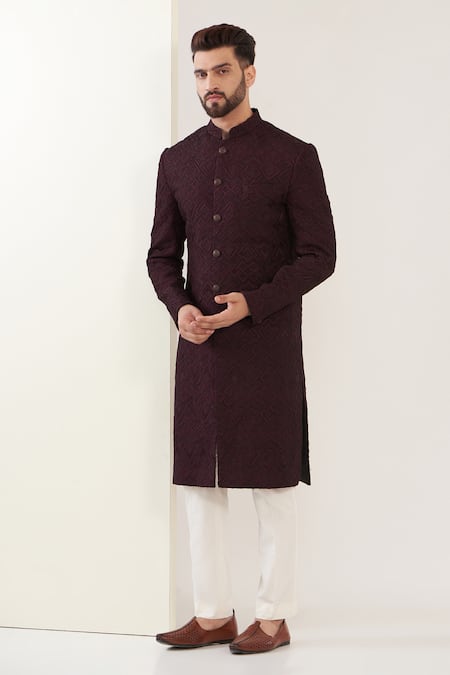 Kasbah Wine Silk Embroidered Thread Geometric Work Sherwani 