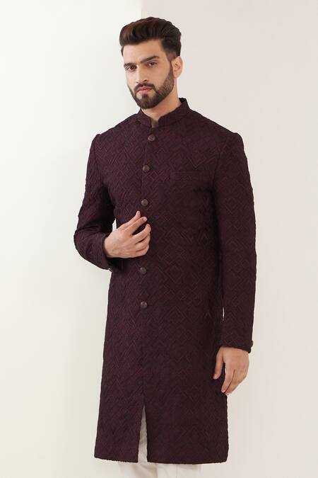 Kasbah_Wine Silk Embroidery Geometric Thread Work Sherwani _Online_at_Aza_Fashions