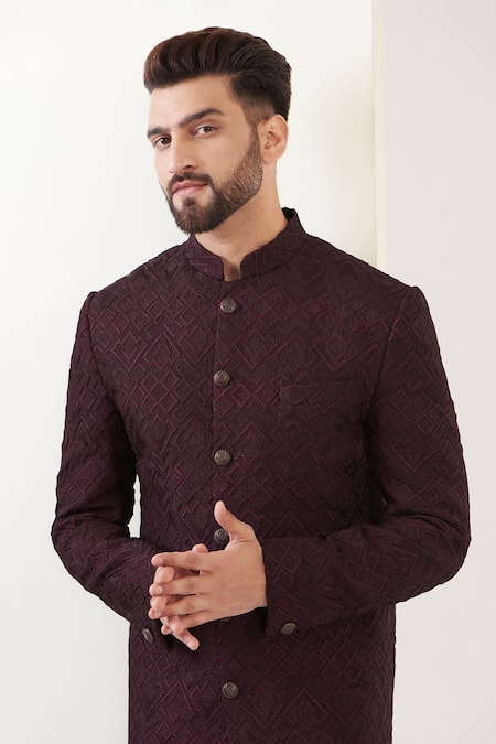 Buy_Kasbah_Wine Silk Embroidery Geometric Thread Work Sherwani _Online_at_Aza_Fashions