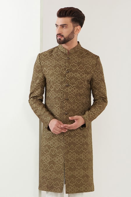 Kasbah_Beige Silk Embroidery Thread Work Sherwani _Online_at_Aza_Fashions