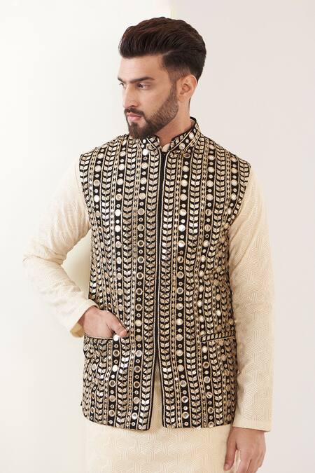 Kasbah_Black Georgette Mirrors Embroidered Work Nehru Jacket _Online_at_Aza_Fashions