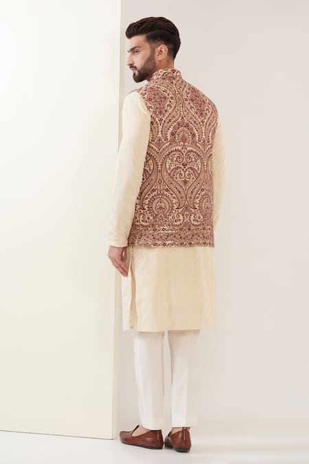 Shop_Kasbah_Beige Georgette Embroidery Kashmiri Nehru Jacket _at_Aza_Fashions