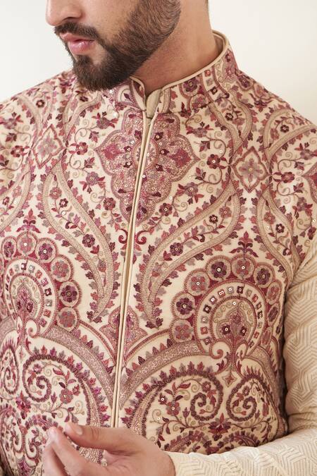 Buy_Kasbah_Beige Georgette Embroidery Kashmiri Nehru Jacket _Online_at_Aza_Fashions