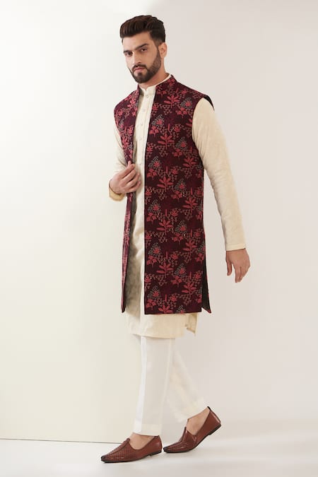 Wine Maroon Nehru Jacket And Kurta Set In Linen Silk With Resham Embro –  paanericlothing