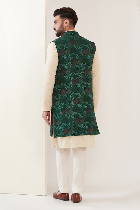 Kasbah Green Silk Embroidered Thread Jungle Nehru Jacket  2