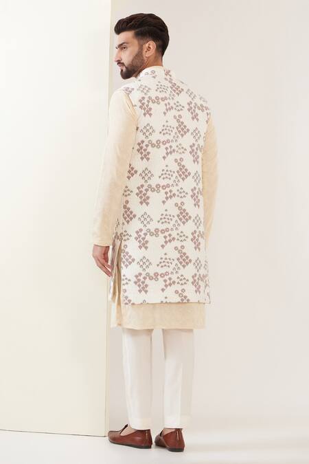 Shop_Kasbah_White Silk Embroidery Nehru Jacket_at_Aza_Fashions