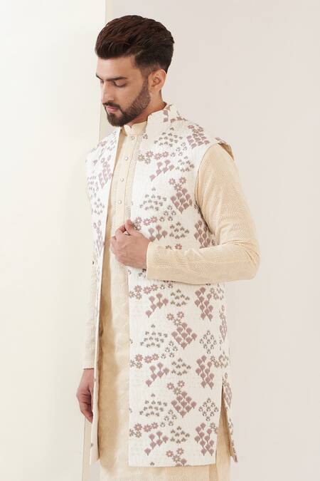 Kasbah_White Silk Embroidery Nehru Jacket_Online_at_Aza_Fashions