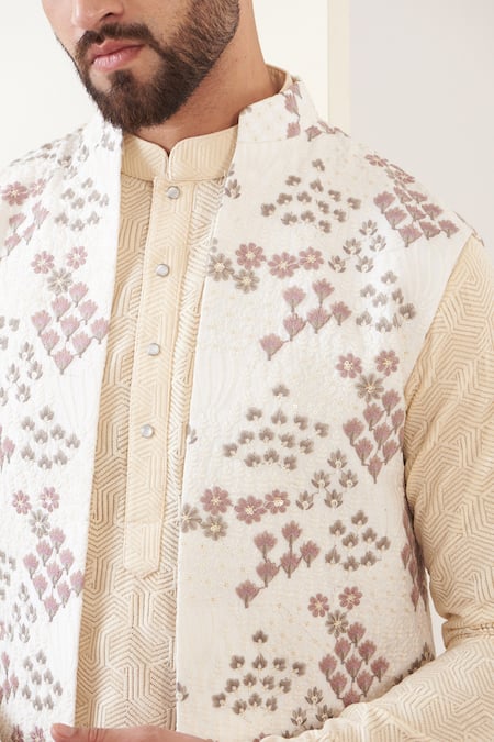 Buy_Kasbah_White Silk Embroidery Nehru Jacket_Online_at_Aza_Fashions