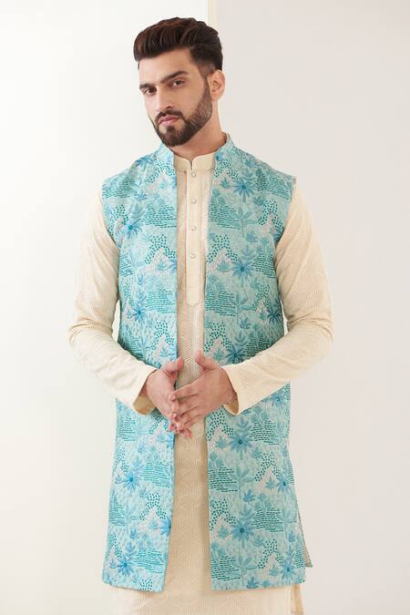 Kasbah_Blue Silk Embroidery Tropical Thread Nehru Jacket_Online_at_Aza_Fashions