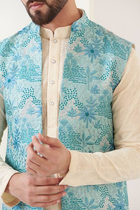 Buy_Kasbah_Blue Silk Embroidery Tropical Thread Nehru Jacket_Online_at_Aza_Fashions