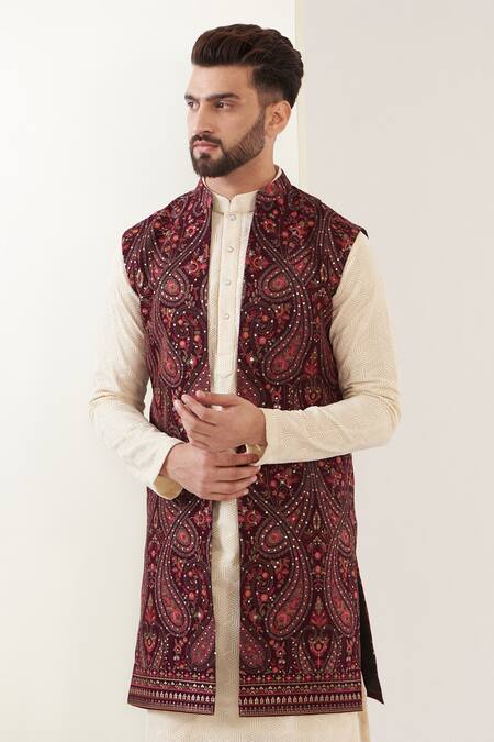 Almond White Kashmiri Short Jacket with Floral Work in Silk - Kasheer Online