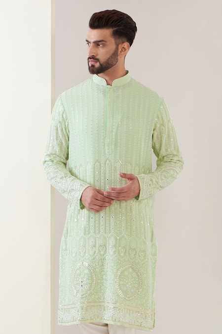 Kasbah Green Georgette Sequins, Mirrors, Embroidery Thread And Work Kurta Online at Aza Fashions Kasbah_Green Georgette Sequins, Mirrors, Embroidery Thread And Work Kurta _Online_at_Aza_Fashions