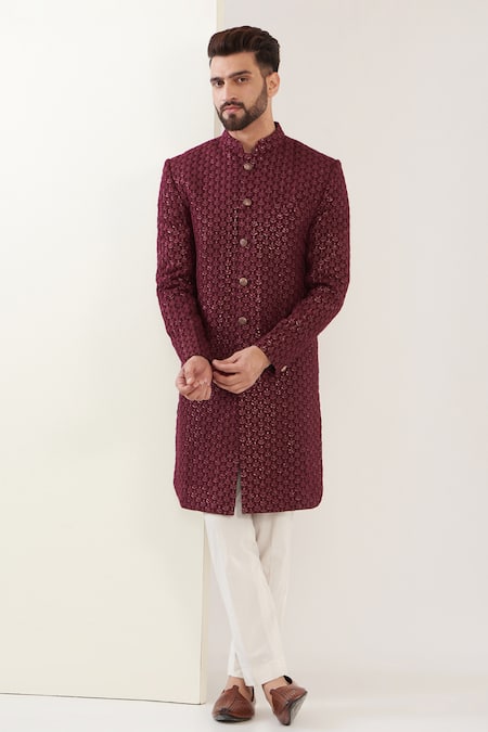 Kasbah Maroon Silk Embroidered Sequin Thread And Work Sherwani Set 