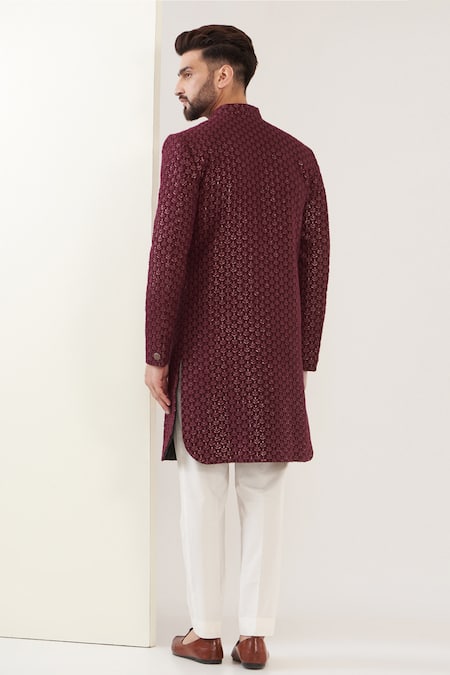 Shop Kasbah Maroon Silk Sequins, Embroidery Thread And Work Sherwani Set at Aza Fashions Shop_Kasbah_Maroon Silk Sequins, Embroidery Thread And Work Sherwani Set _at_Aza_Fashions