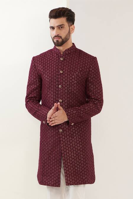 Kasbah Maroon Silk Sequins, Embroidery Thread And Work Sherwani Set Online at Aza Fashions Kasbah_Maroon Silk Sequins, Embroidery Thread And Work Sherwani Set _Online_at_Aza_Fashions