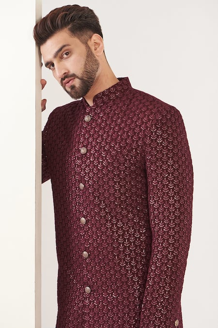 Kasbah Maroon Silk Sequins, Embroidery Thread And Work Sherwani Set at Aza Fashions Kasbah_Maroon Silk Sequins, Embroidery Thread And Work Sherwani Set _at_Aza_Fashions