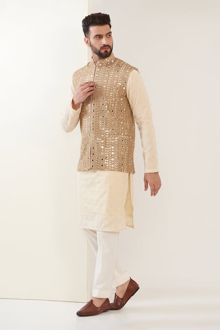 Kasbah Gold Georgette Embroidered Mirror Work Nehru Jacket 