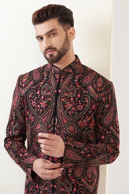 Buy_Kasbah_Multi Color Georgette Embroidery Kashmiri Sherwani Set _Online_at_Aza_Fashions