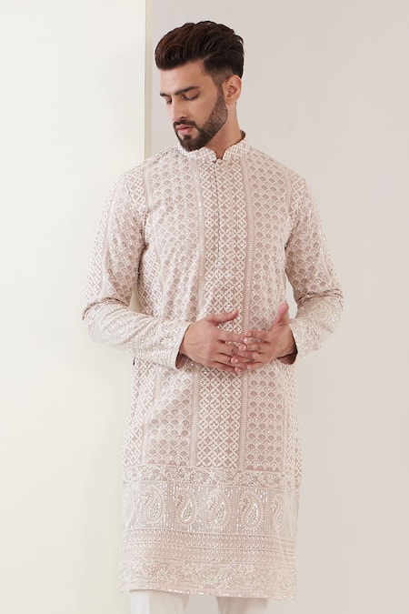 Kasbah_Pink Georgette, Cotton Sequins Embroidered Lucknowi Kurta Set _Online_at_Aza_Fashions