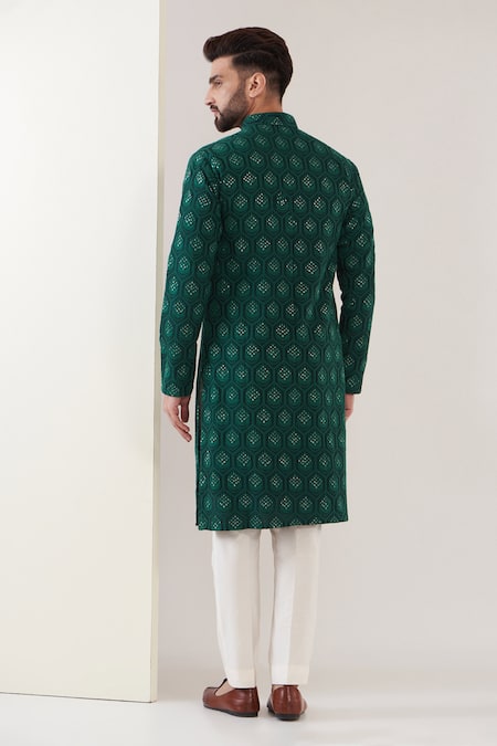 Shop Kasbah Green Silk, Cotton Embroidery Thread Kurta Set at Aza Fashions Shop_Kasbah_Green Silk, Cotton Embroidery Thread Kurta Set _at_Aza_Fashions