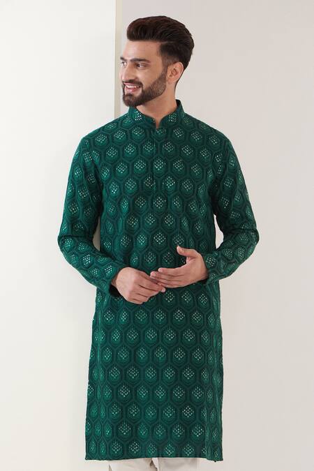Kasbah Green Silk, Cotton Embroidery Thread Kurta Set Online at Aza Fashions Kasbah_Green Silk, Cotton Embroidery Thread Kurta Set _Online_at_Aza_Fashions