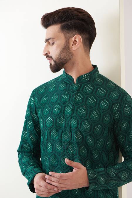 Buy Kasbah Green Silk, Cotton Embroidery Thread Kurta Set Buy_Kasbah_Green Silk, Cotton Embroidery Thread Kurta Set